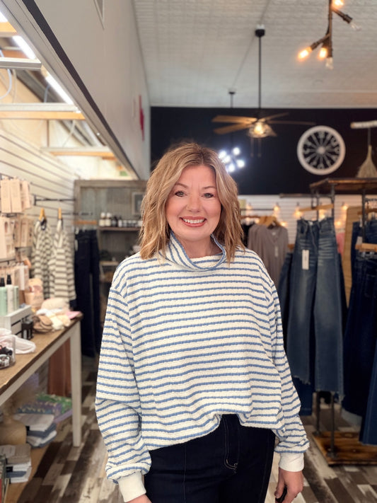 Oversized Mock Neck Stripe Print Sweatshirt