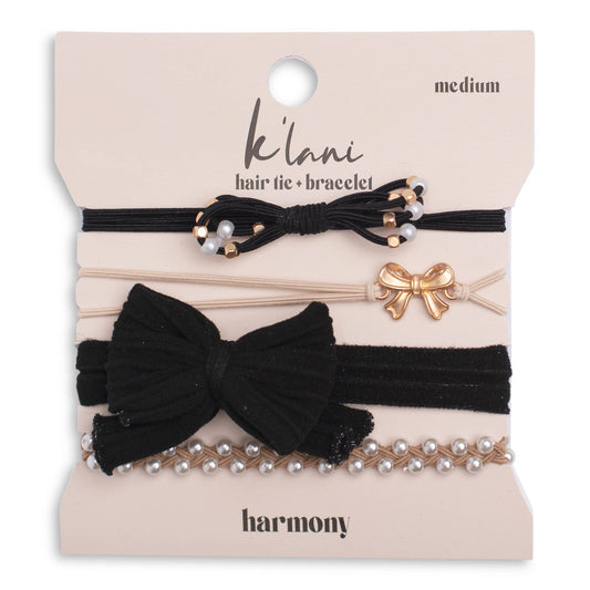 "Harmony" Bows, Pearls, Black & Gold Hair Tie Bracelets
