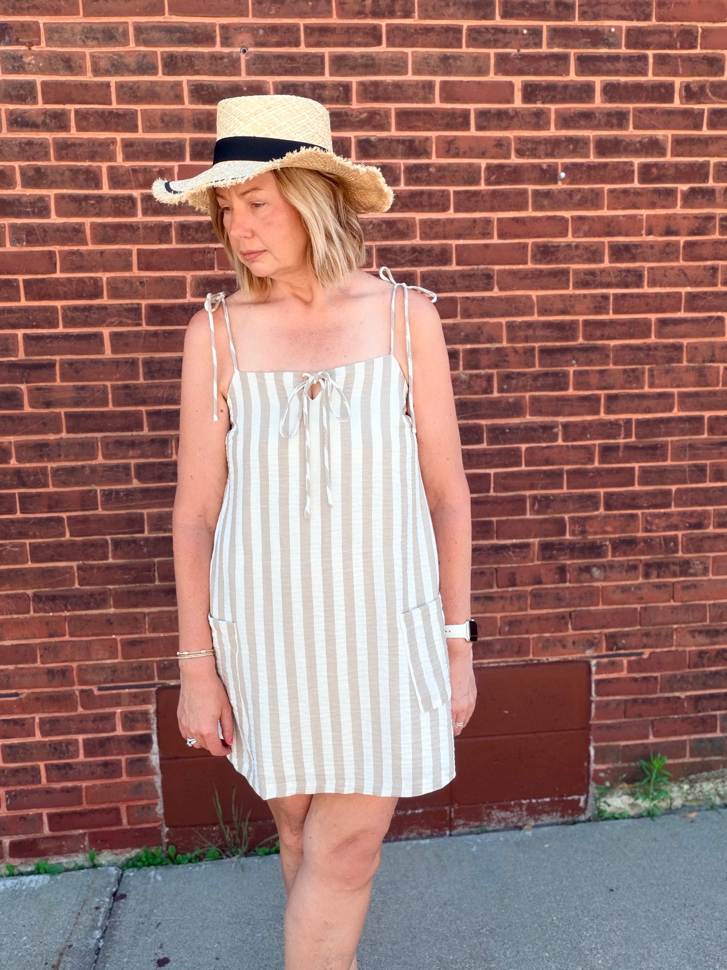 Easy To Look Good Stripe Gauze Tie Shoulder Dress