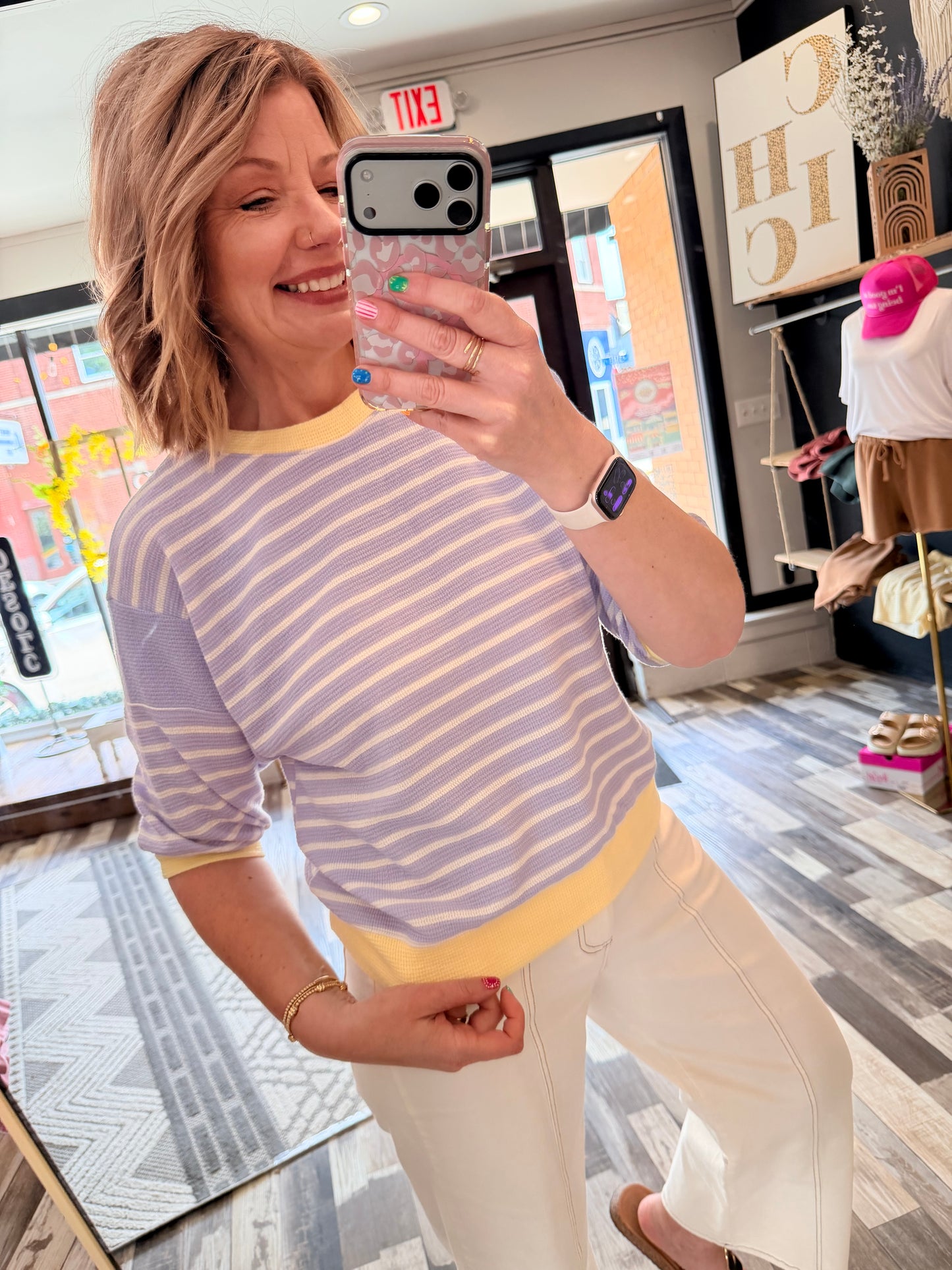 Round Neck Striped Rib Knit 3/4 Top