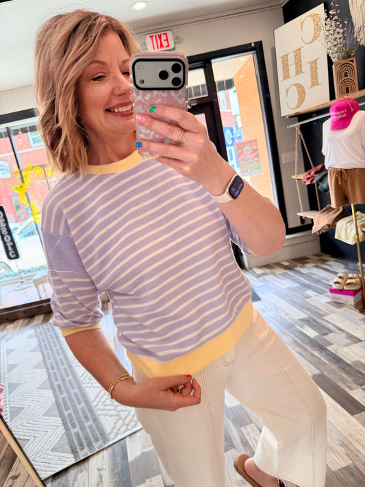 Round Neck Striped Rib Knit 3/4 Top
