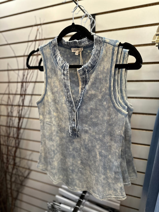 Acid Washed Thermal Sleeveless Henley Top