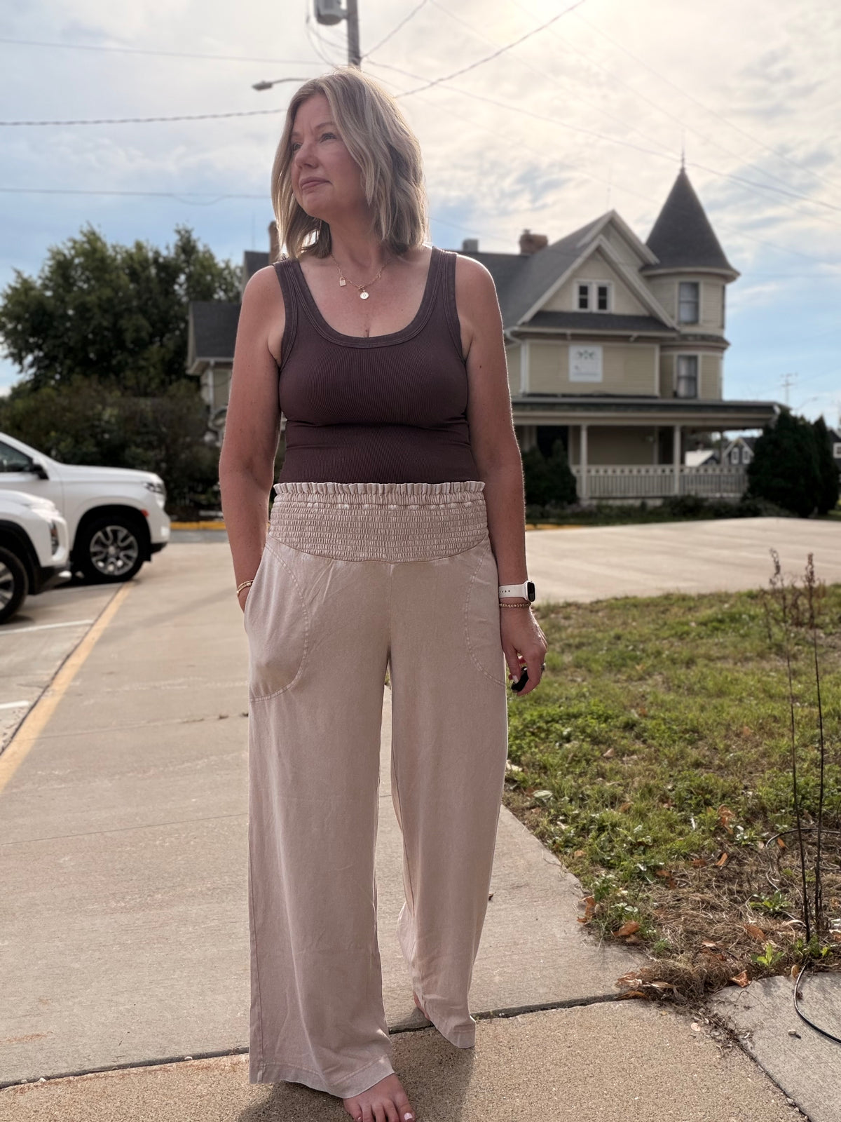 The Harper Mineral Washed Wide-leg Smocked Waist Pants