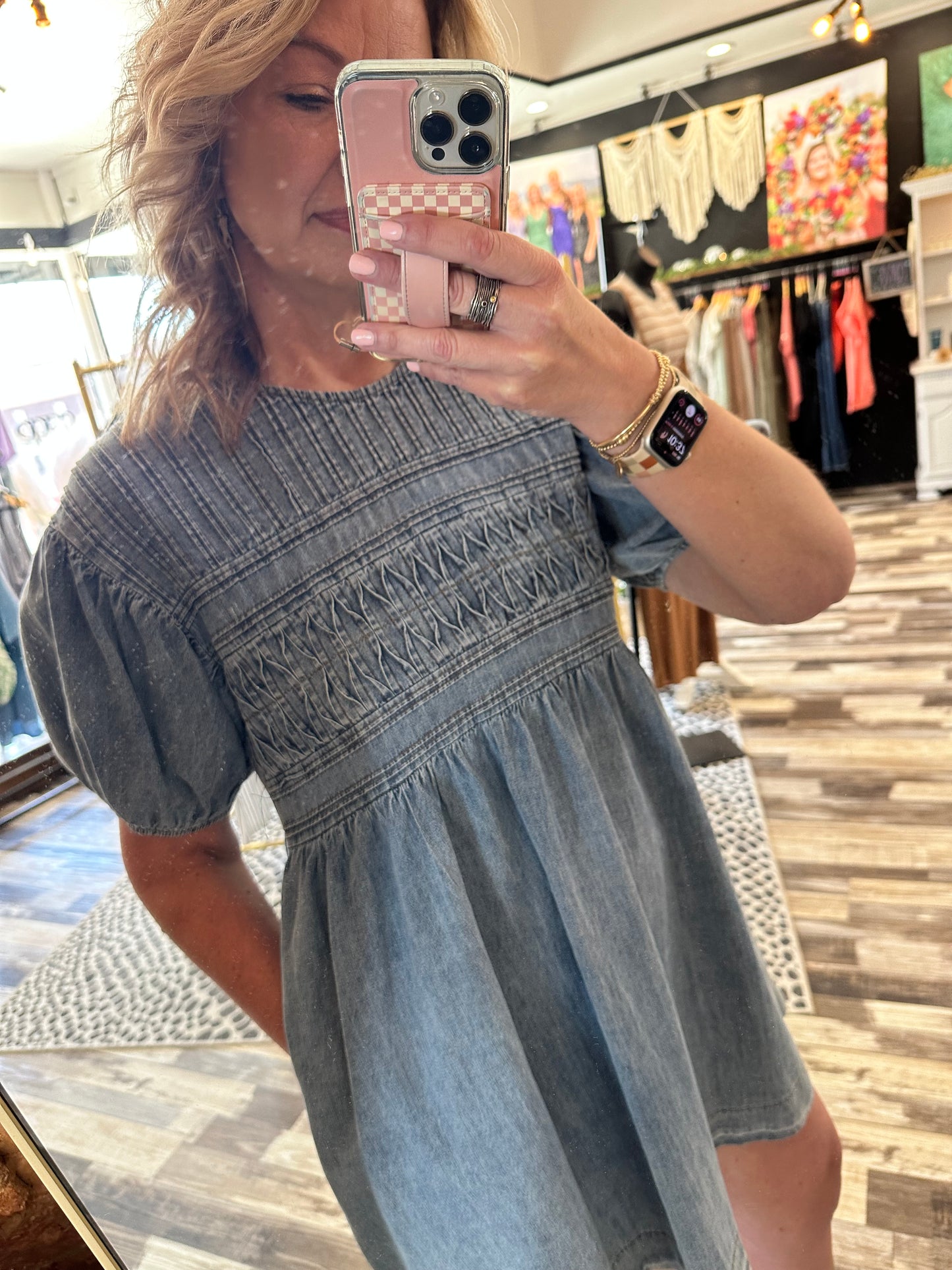 Hey Girl Hey Puff Sleeve Pintuck Denim Dress
