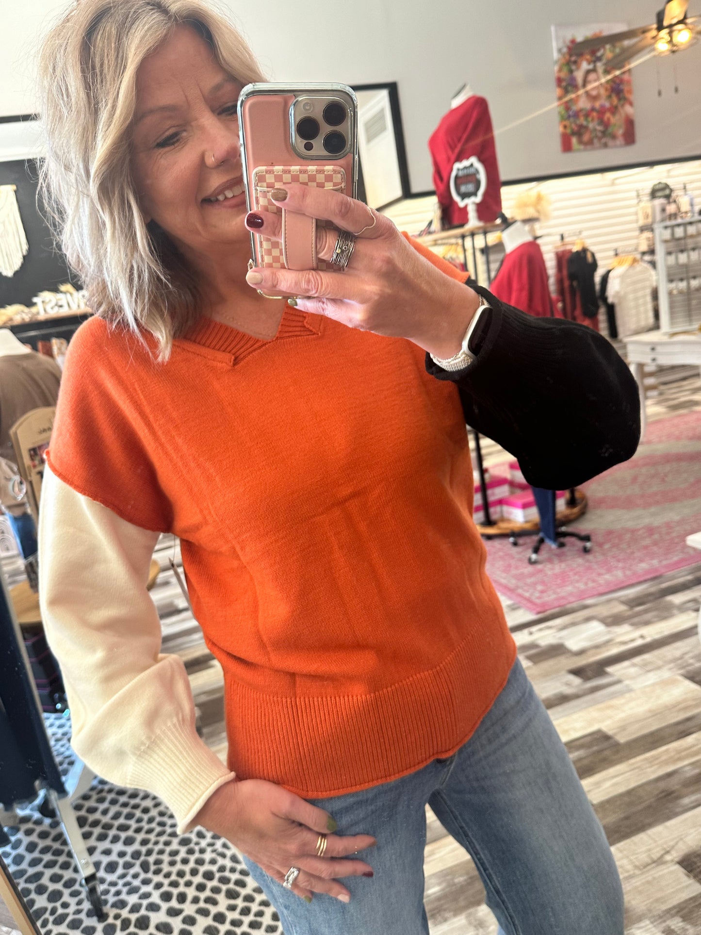 The Renee Colorblock Raw Edge V Neck Bubble Sleeve Sweater