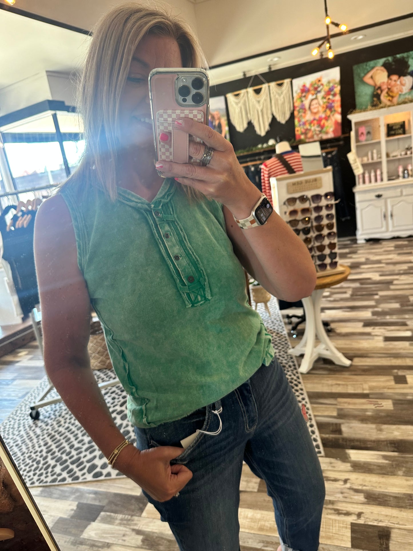 Washed Half-Button Raw Edge Sleeveless Henley Top