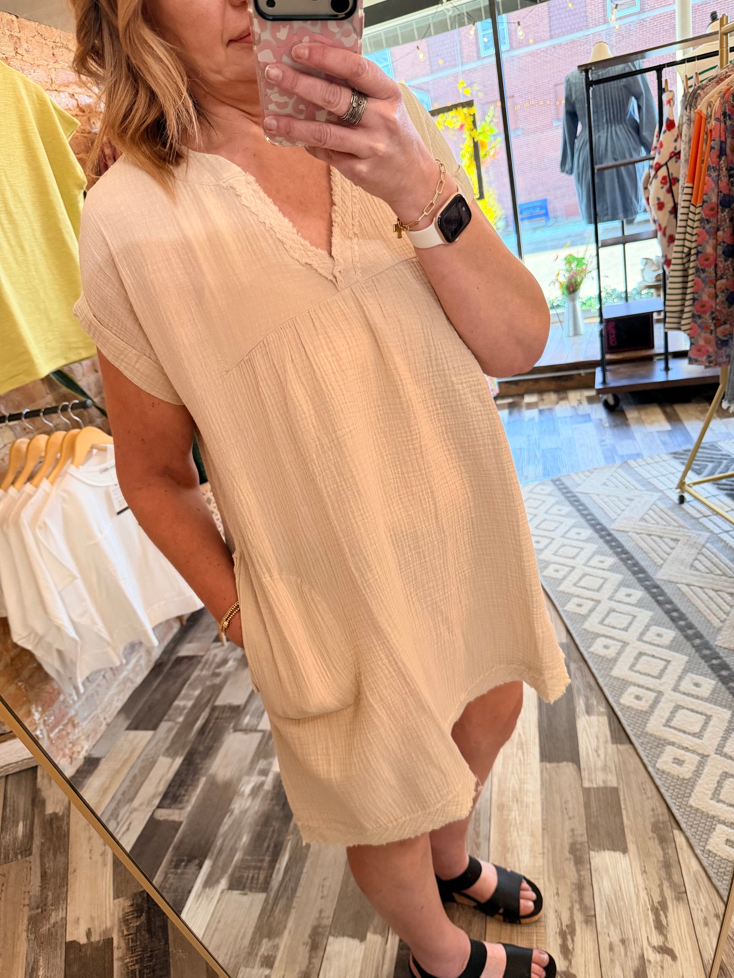 Washed Double Gauze Raw Edge V-neck Dress
