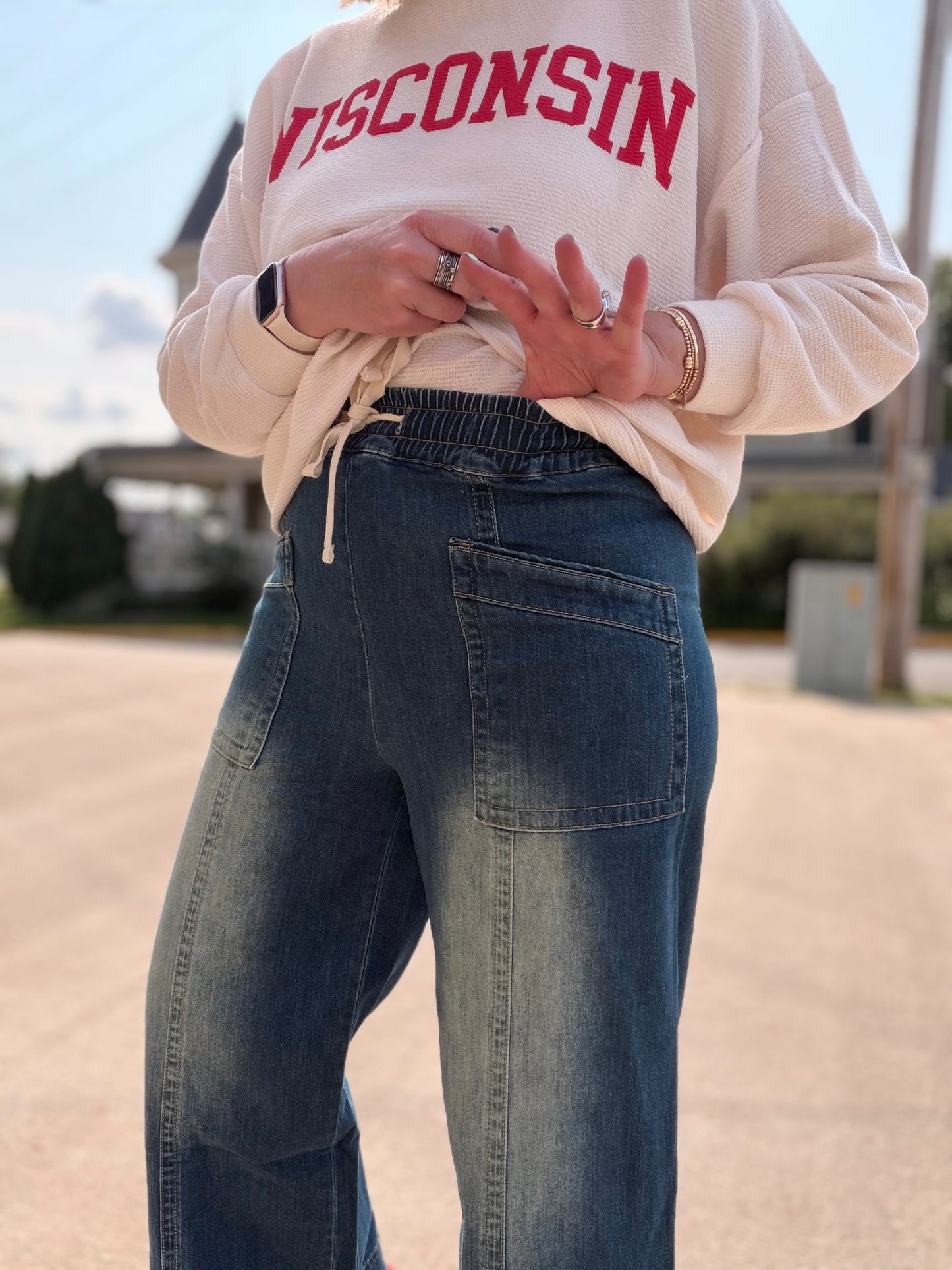 Easy Peasy Denim Wash Wide Leg Drawstring - Elastic Waist Pants