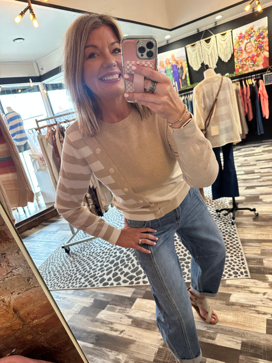 The Quinn Asymmetrical Stripe Button Sweater