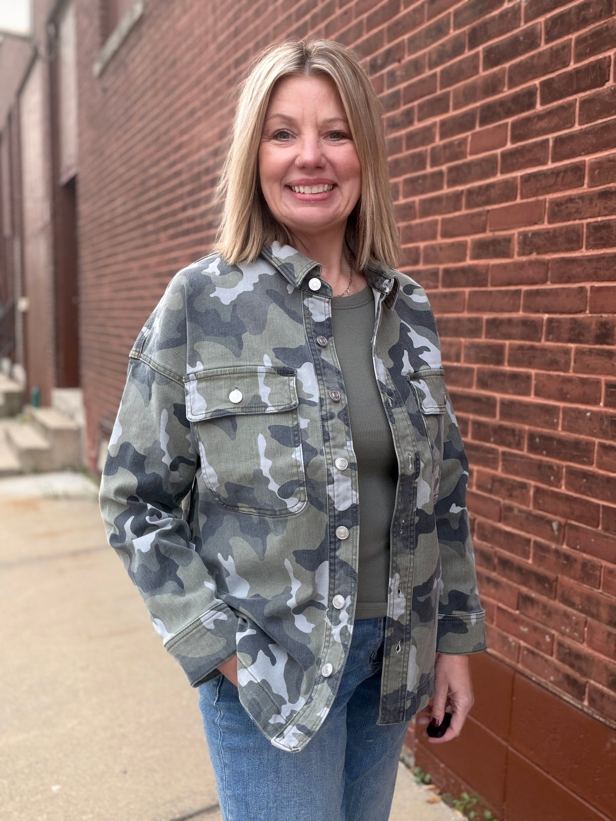 The Everyday Favorite Button Up Camo Shacket from Mica
