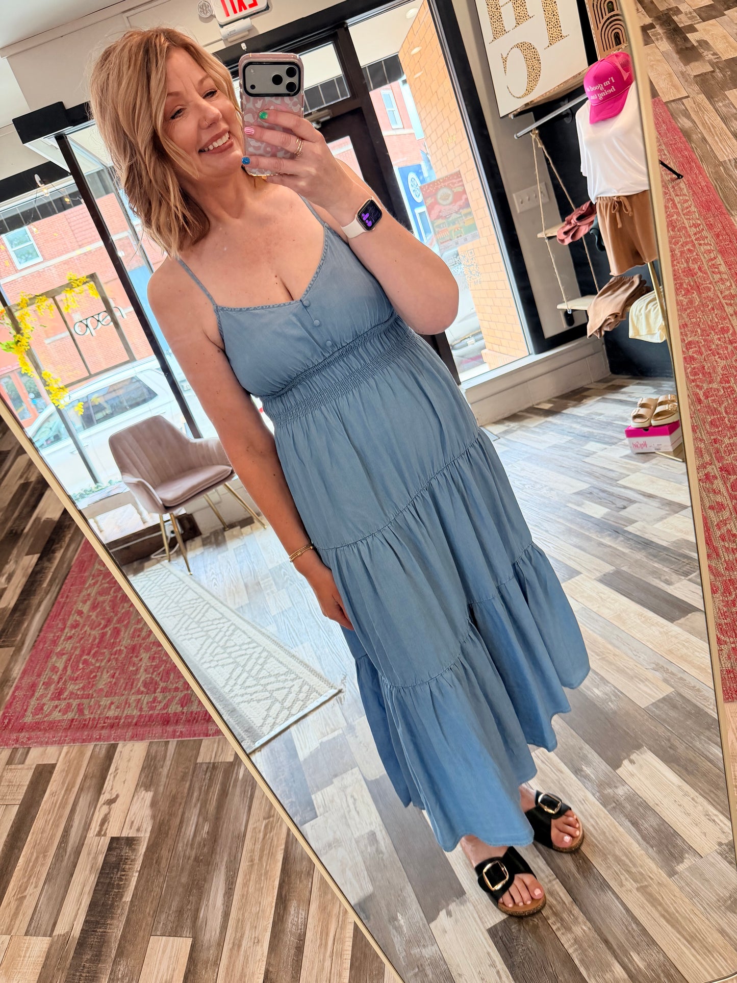 Chambray Tiered Midi Dress