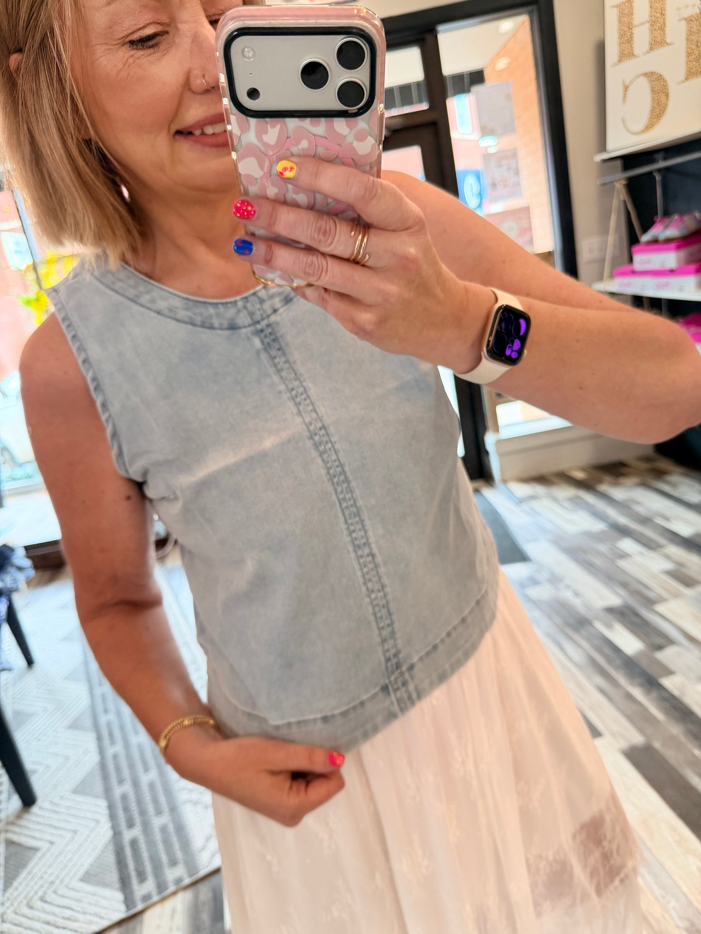 She's Gone Country Washed Denim Seam Detail Sleeveless Top