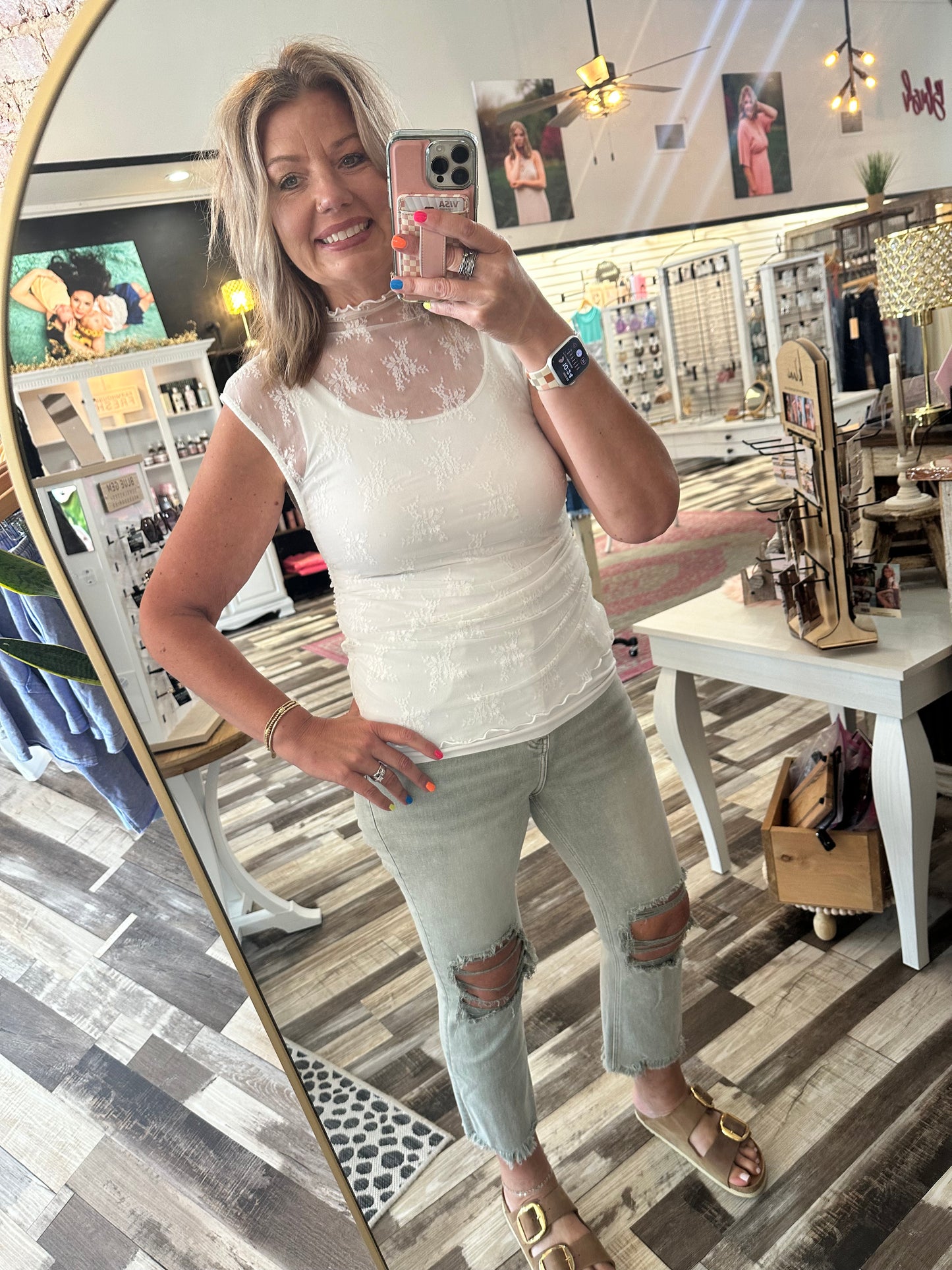 Just Perfect Ruched Side Detail Lace Mock Neck Top