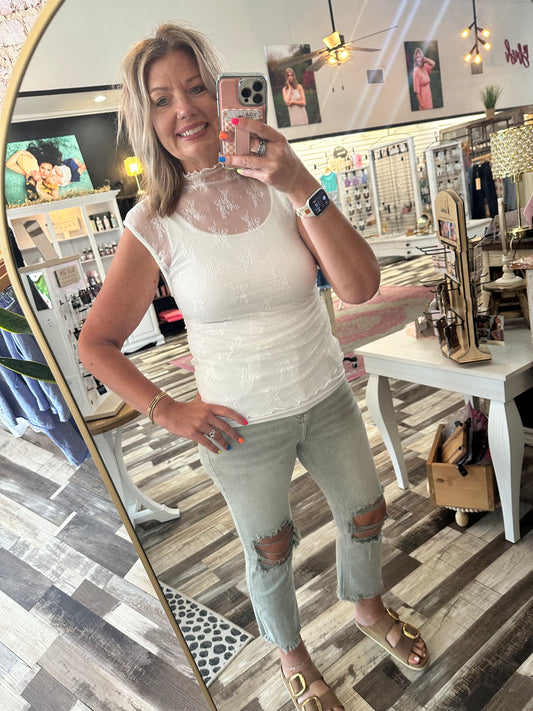 Just Perfect Ruched Side Detail Lace Mock Neck Top