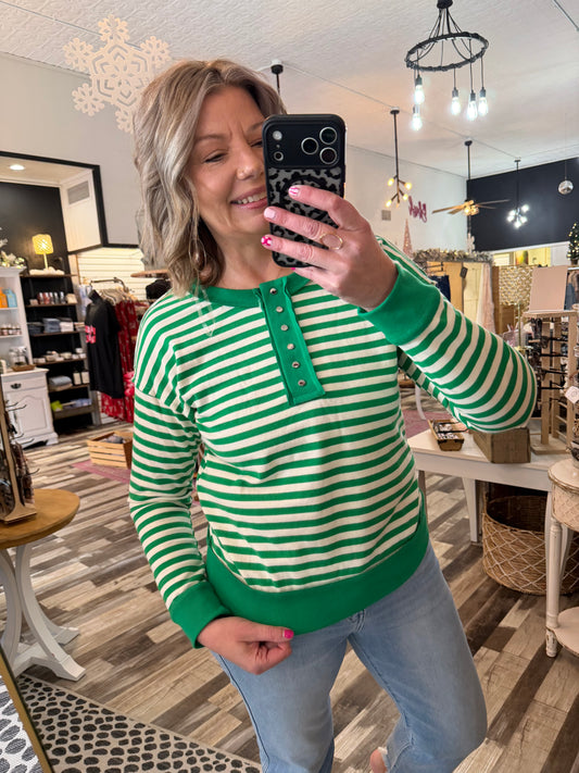 The Henley Snap Button, Striped Pullover Sweater