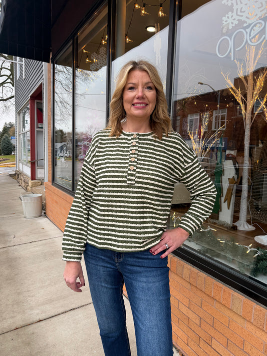 Stripe Textured Long Sleeve Henley Knit Top