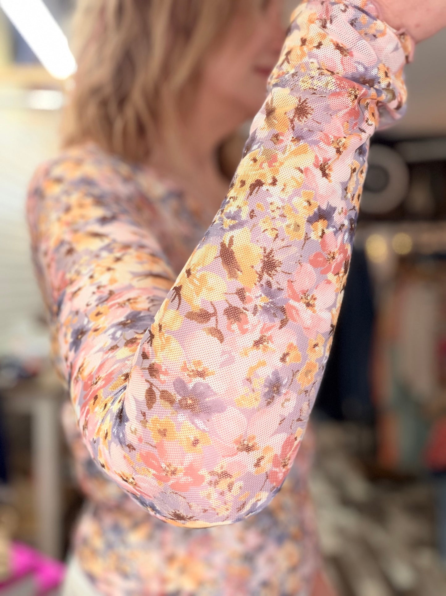 The Zandrea Floral Mesh Print Cabbage Hem Long Sleeve Top