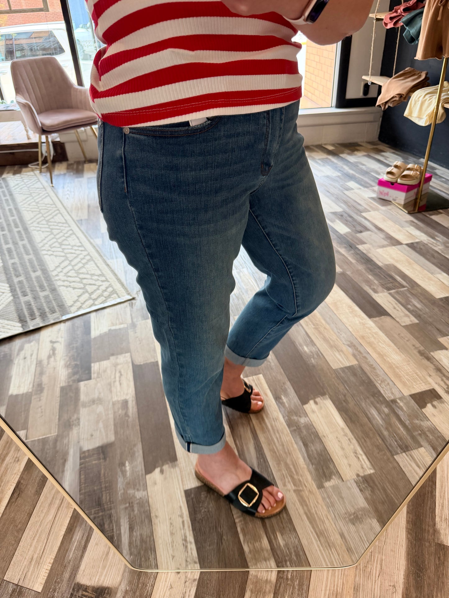 Judy Blue Mid Rise Boyfriend Fit Cool Denim w/ Cross Back Loops