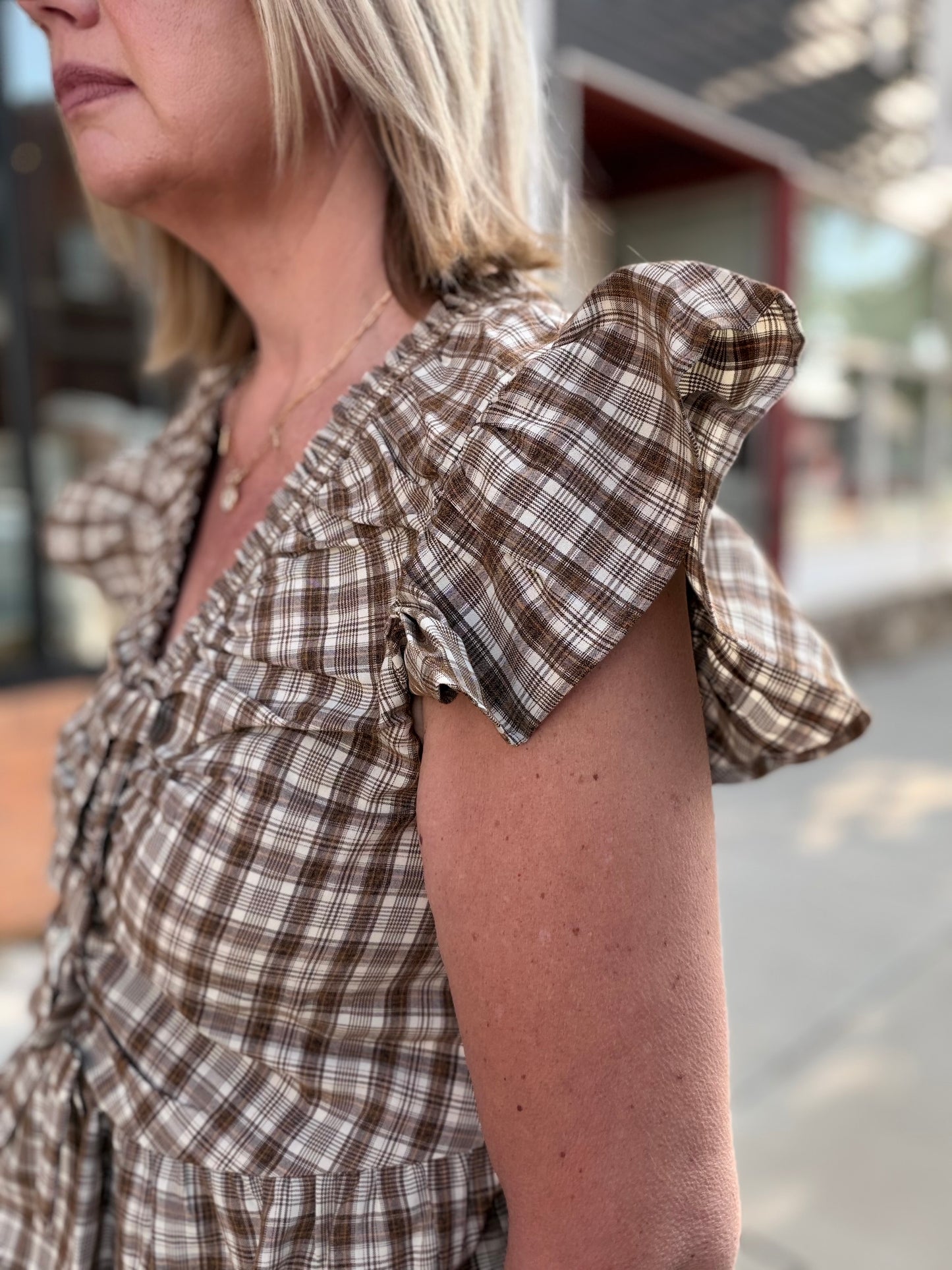 The Dexley Ruffled Plaid Blouse