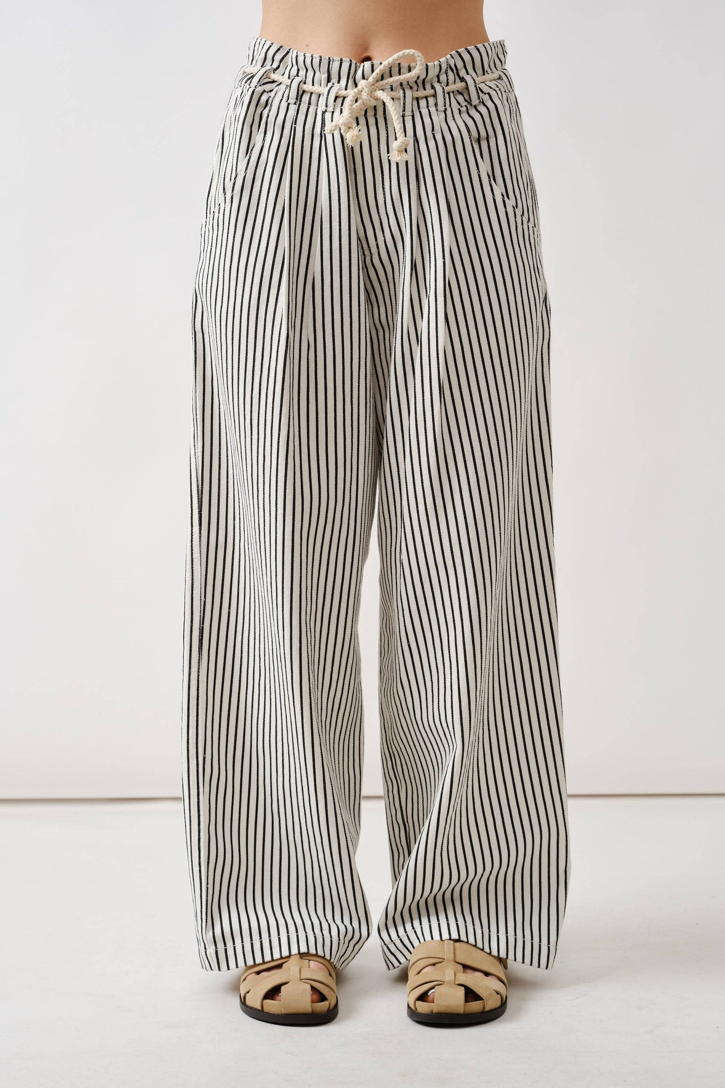 Maren Wide Leg Striped Denim Pants w/Rope Belt