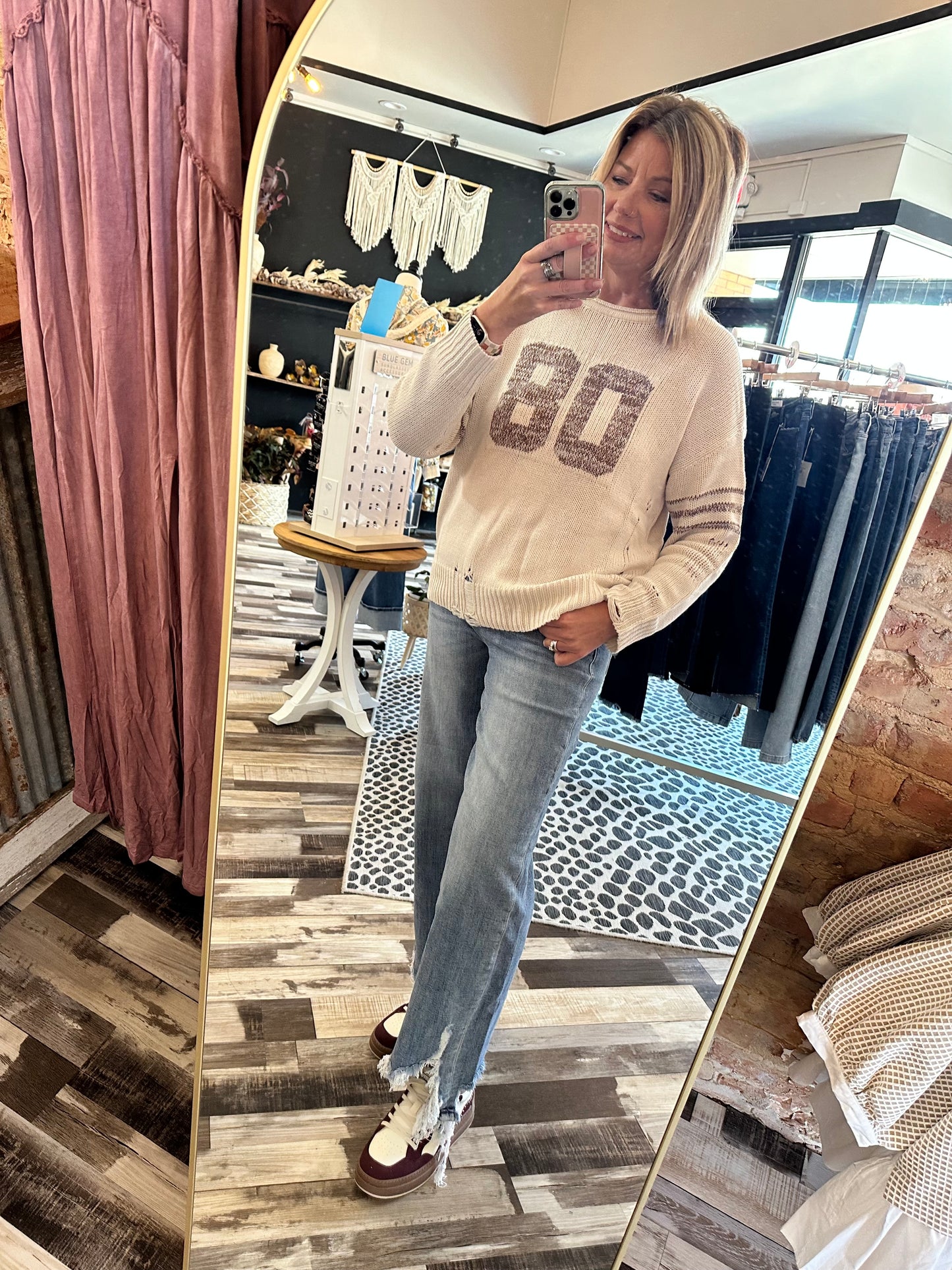 Distressed Long Sleeve Varsity Knit Top