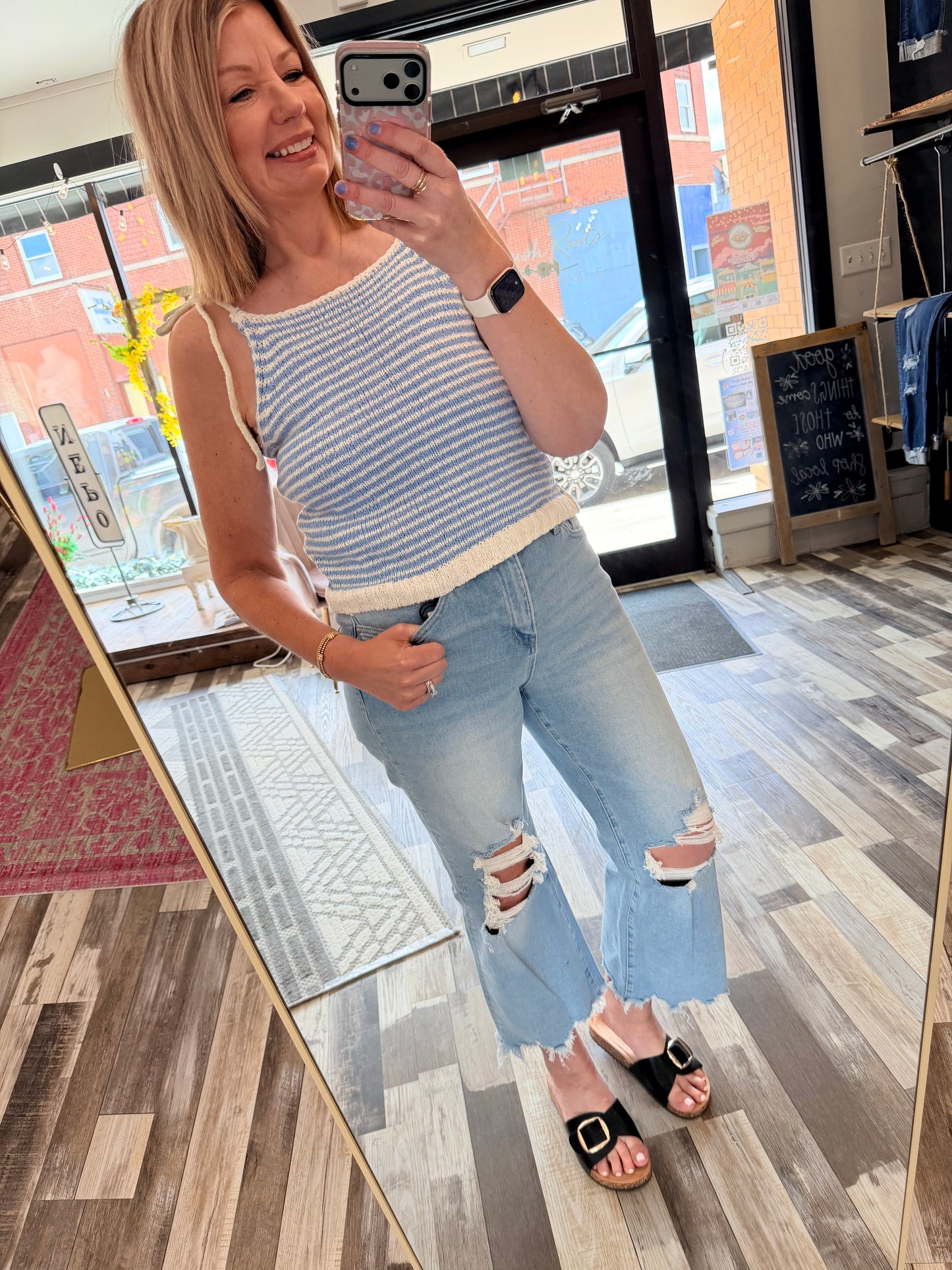 Stripe Crochet Knit Tie Strap Cami