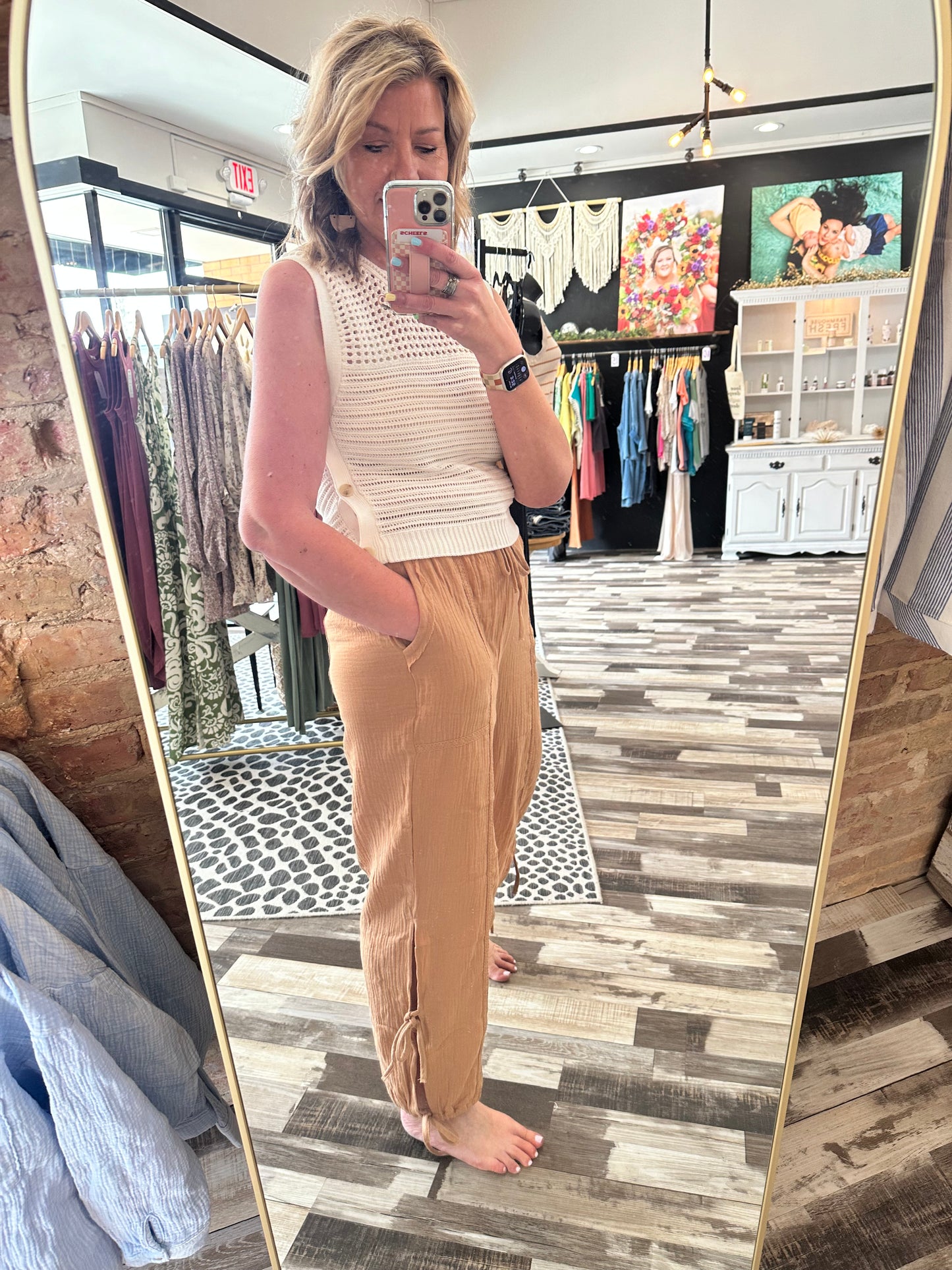 Side Tie Gauze Pants with Lace Detail