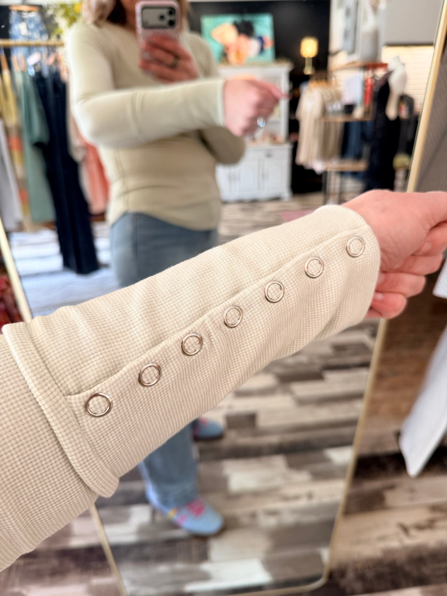 Soft Rib Exposed Seaming Long Sleeve Henley Top