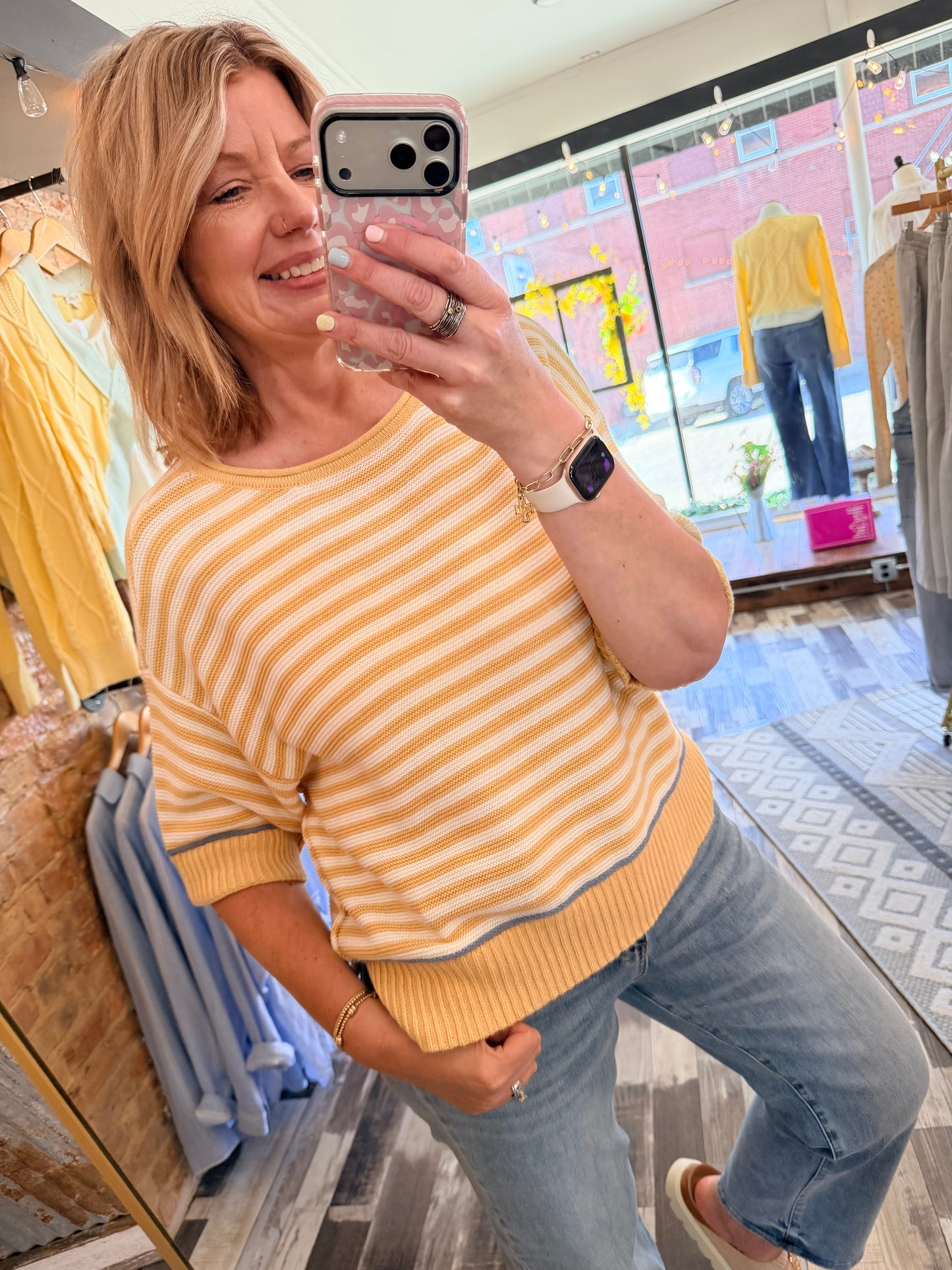 Stripe Raw Edge Detail Contrast Trim Sweater