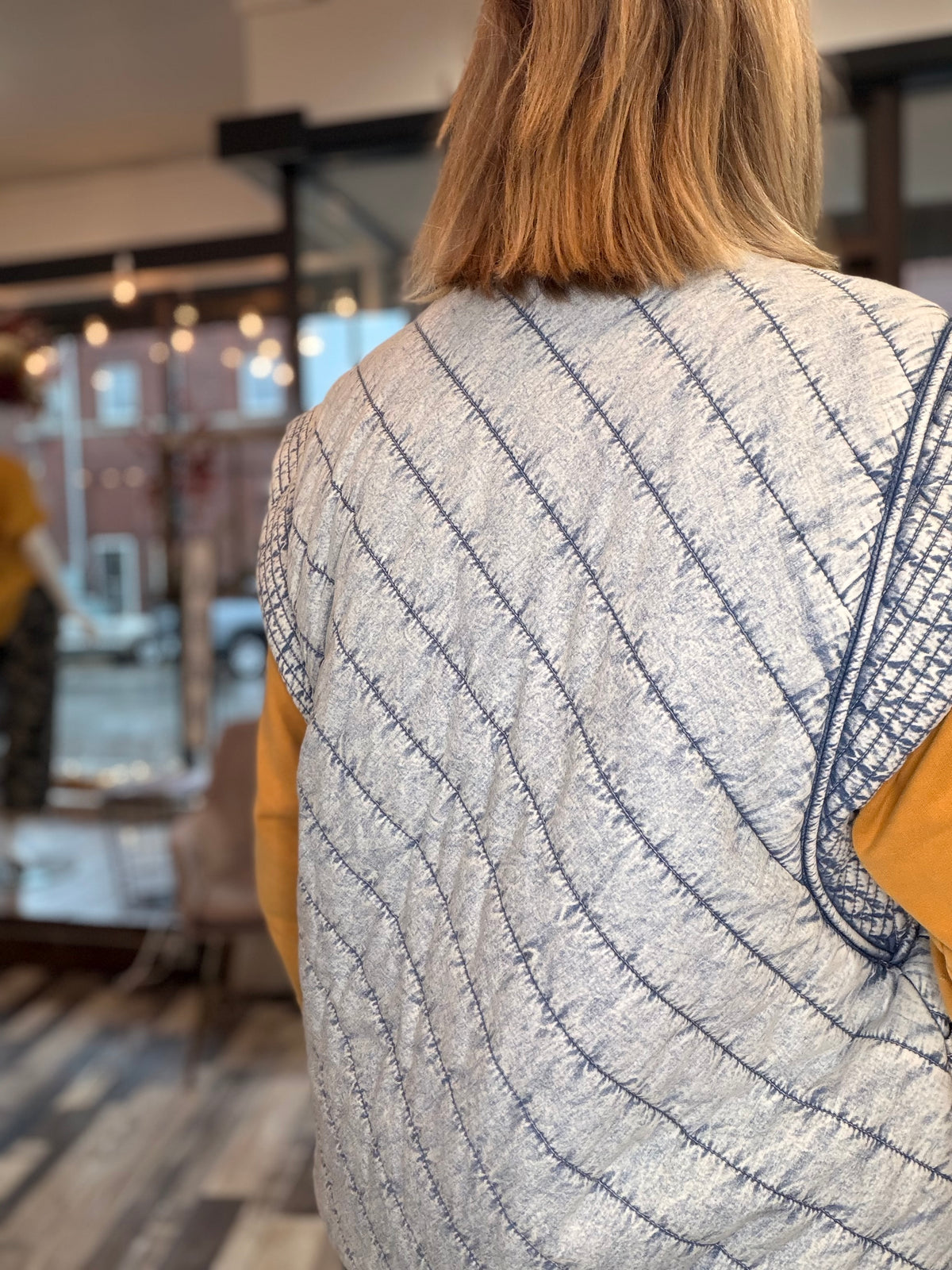 The Kinley Washed Denim Quilted Shawl Vest