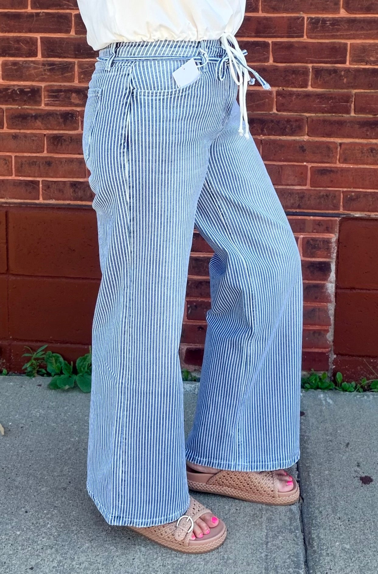 Vervet High Rise Waist Tie Striped Wide Leg Jeans