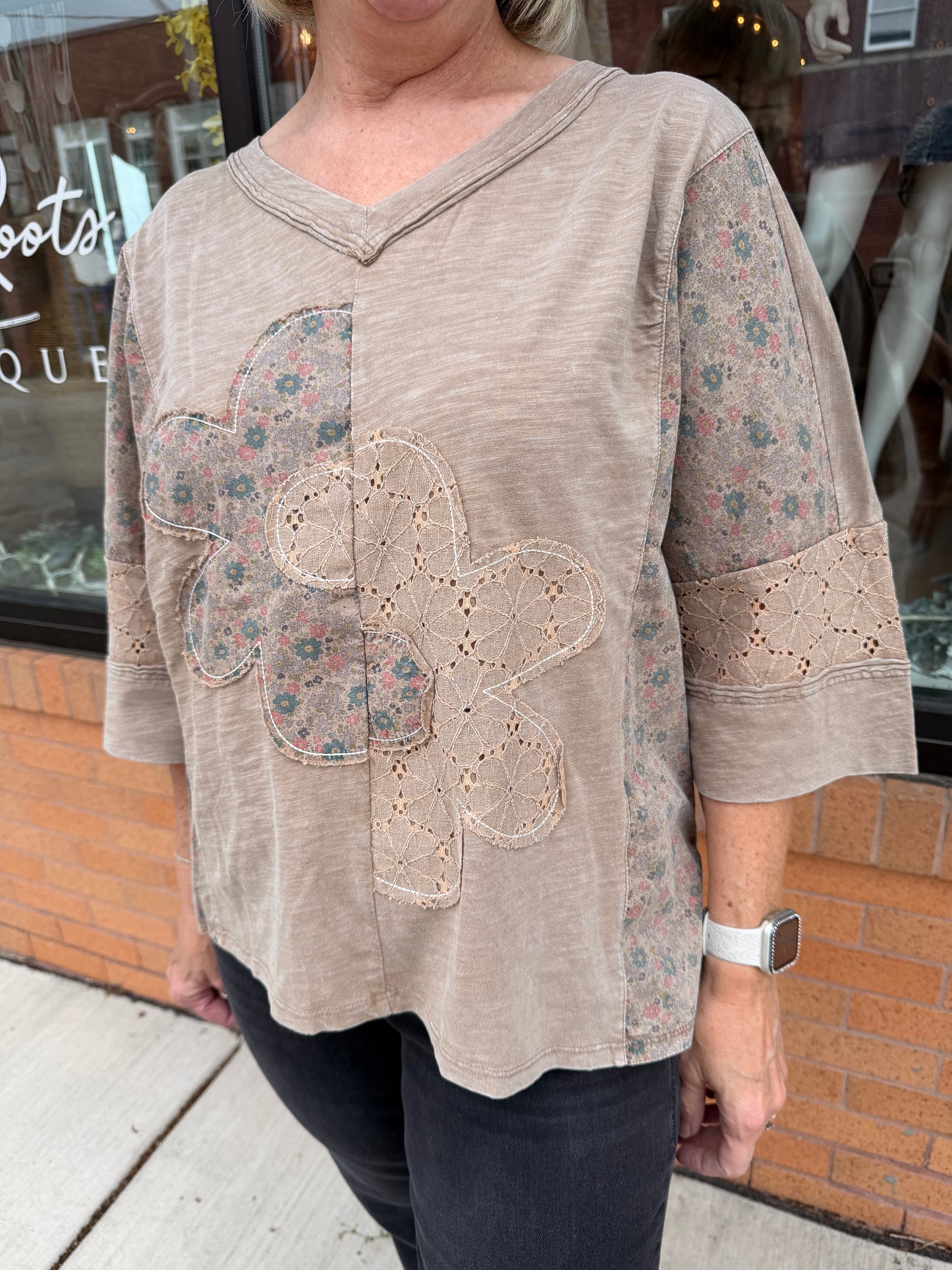 Floral Patchwork V Neck Loose Fit Top
