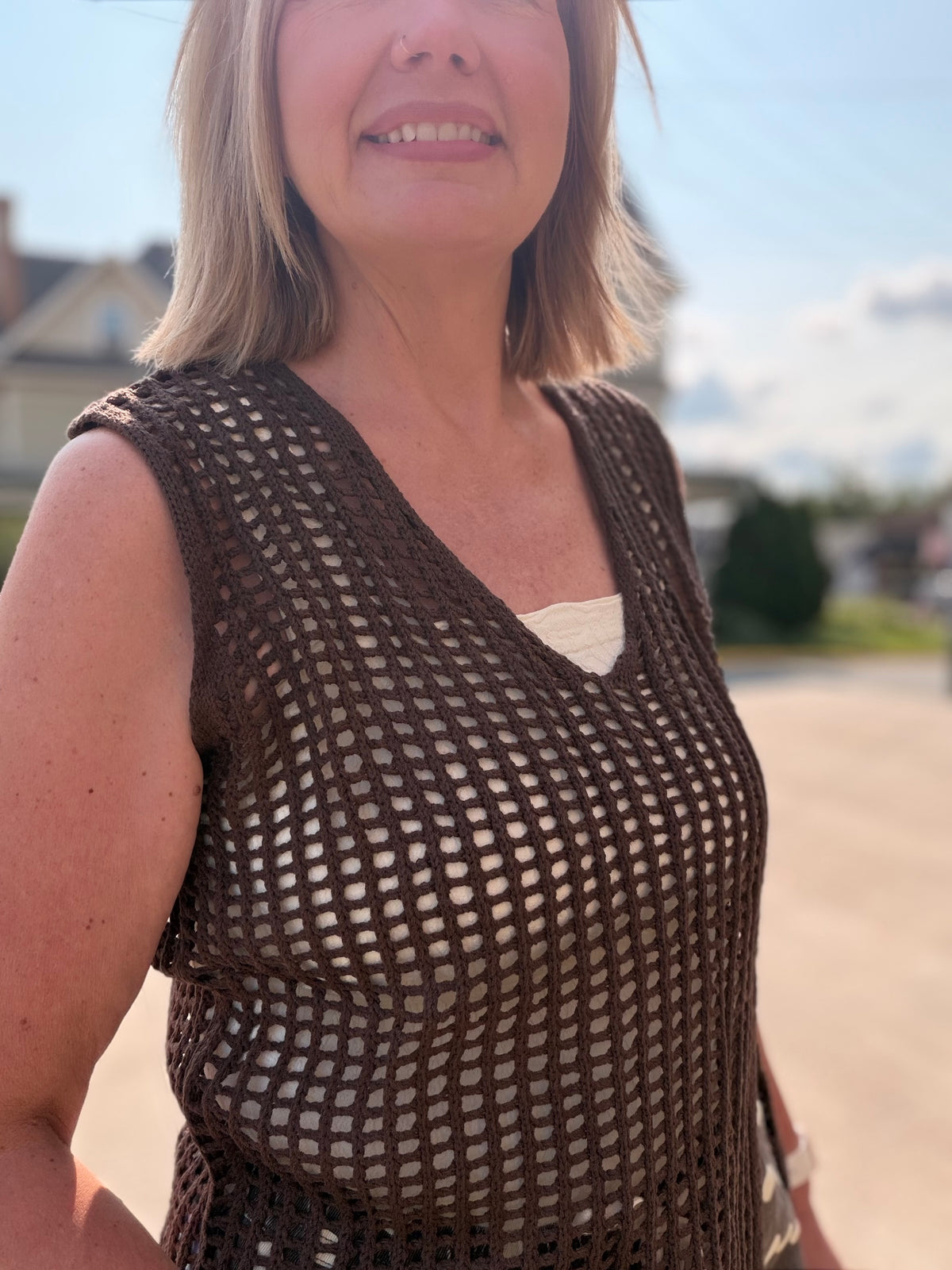 Open Mesh Crochet V-Neck Sweater Vest