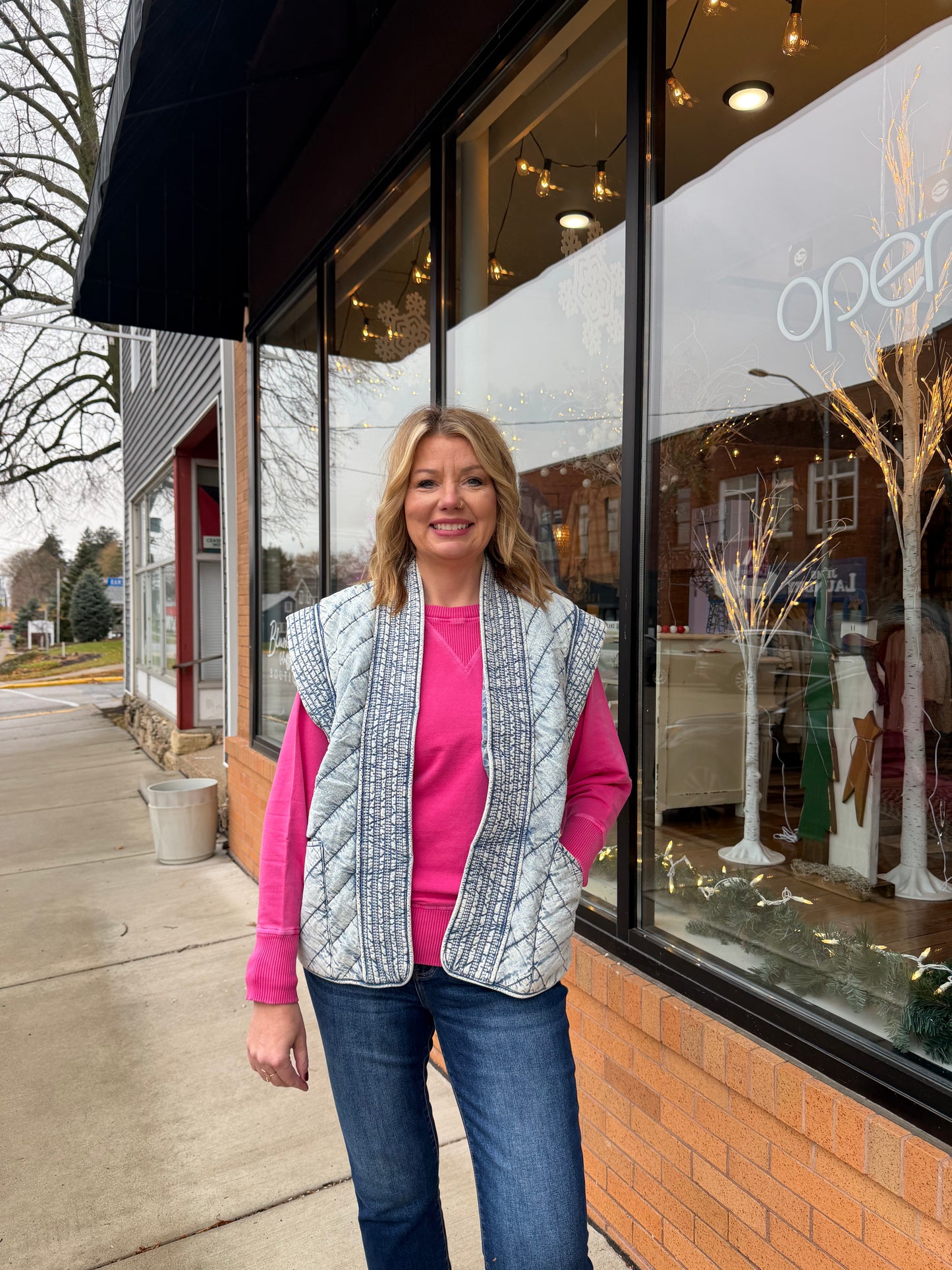 The Kinley Washed Denim Quilted Shawl Vest