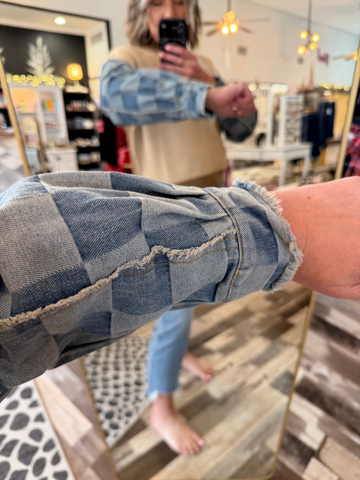 Checkered Denim Sleeve Mix Knit Sweater