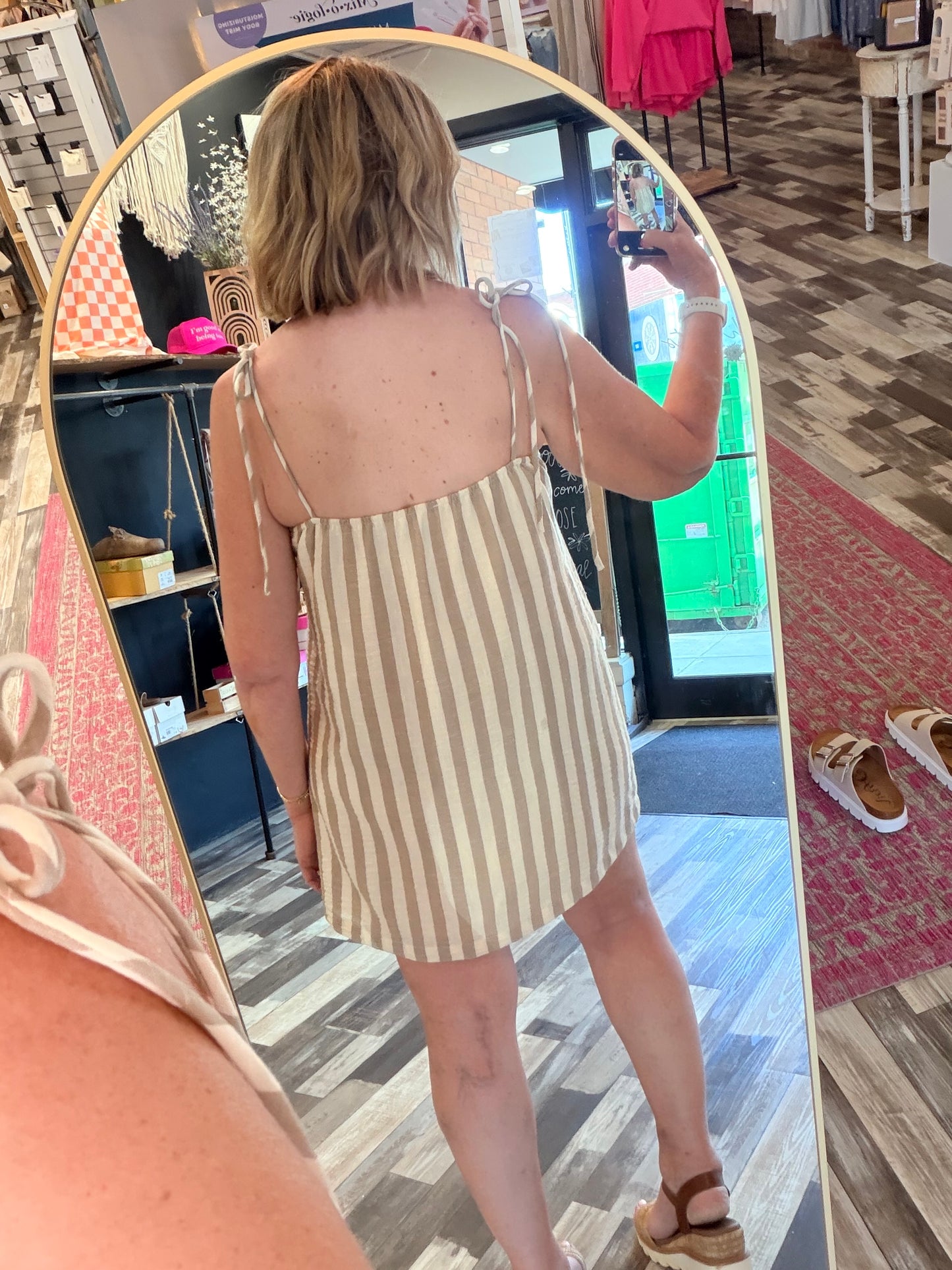 Easy To Look Good Stripe Gauze Tie Shoulder Dress