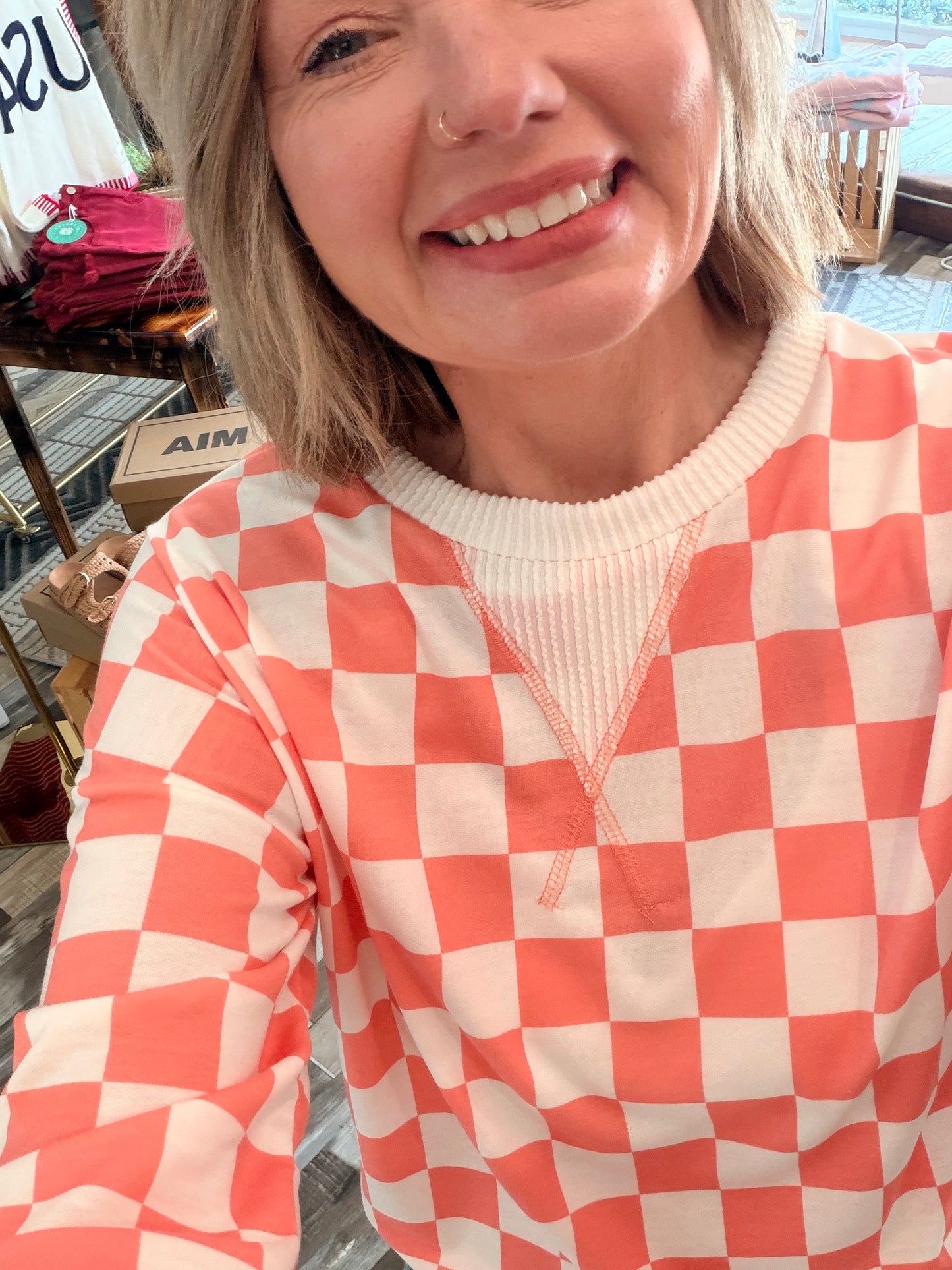 Checkered Print Dropped Shoulder Pullover Top
