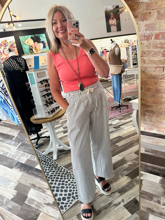 Maren Wide Leg Striped Denim Pants w/Rope Belt