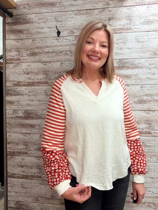 Oversized Floral & Stripe Casual Knit Top