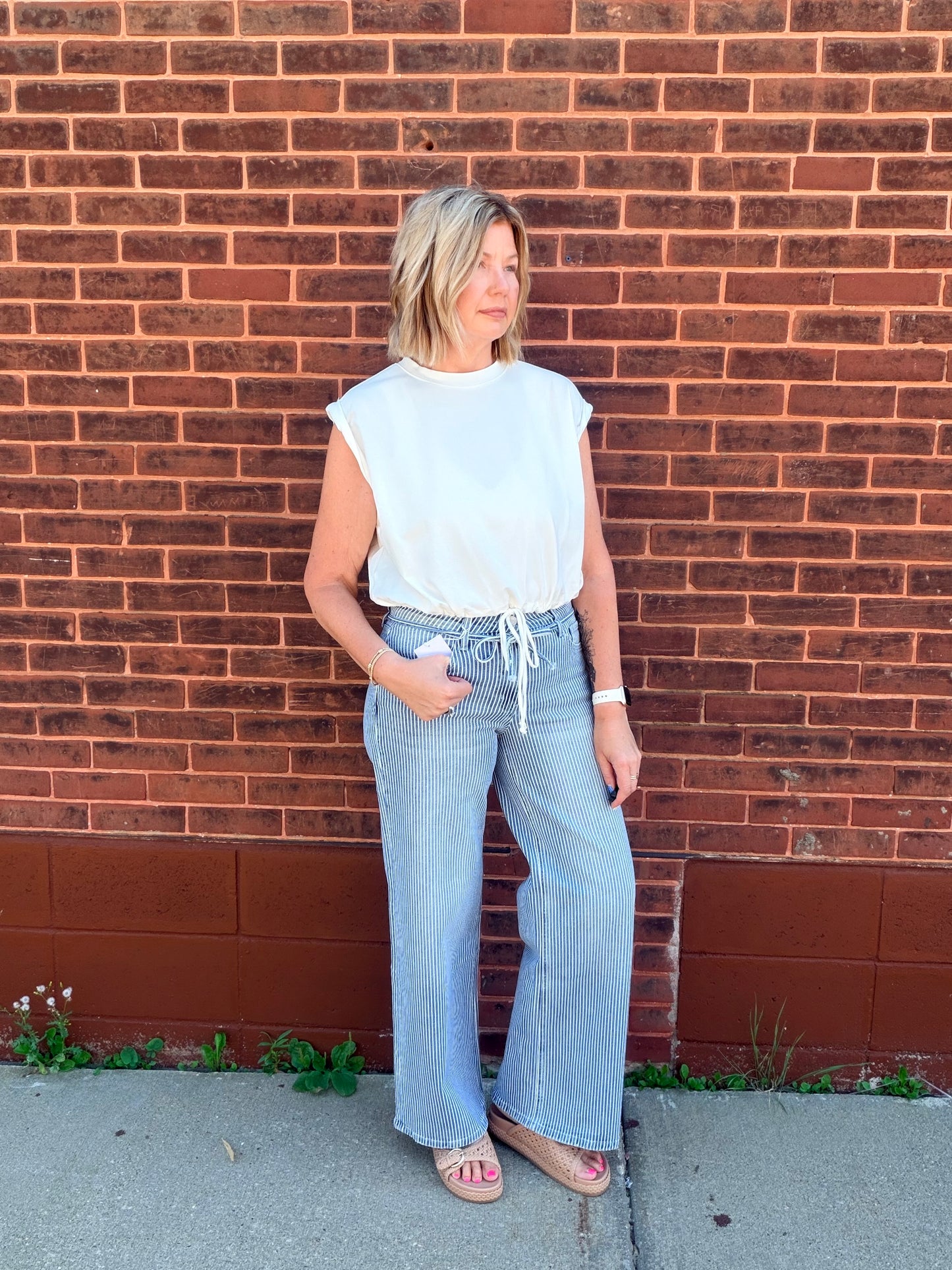 Vervet High Rise Waist Tie Striped Wide Leg Jeans