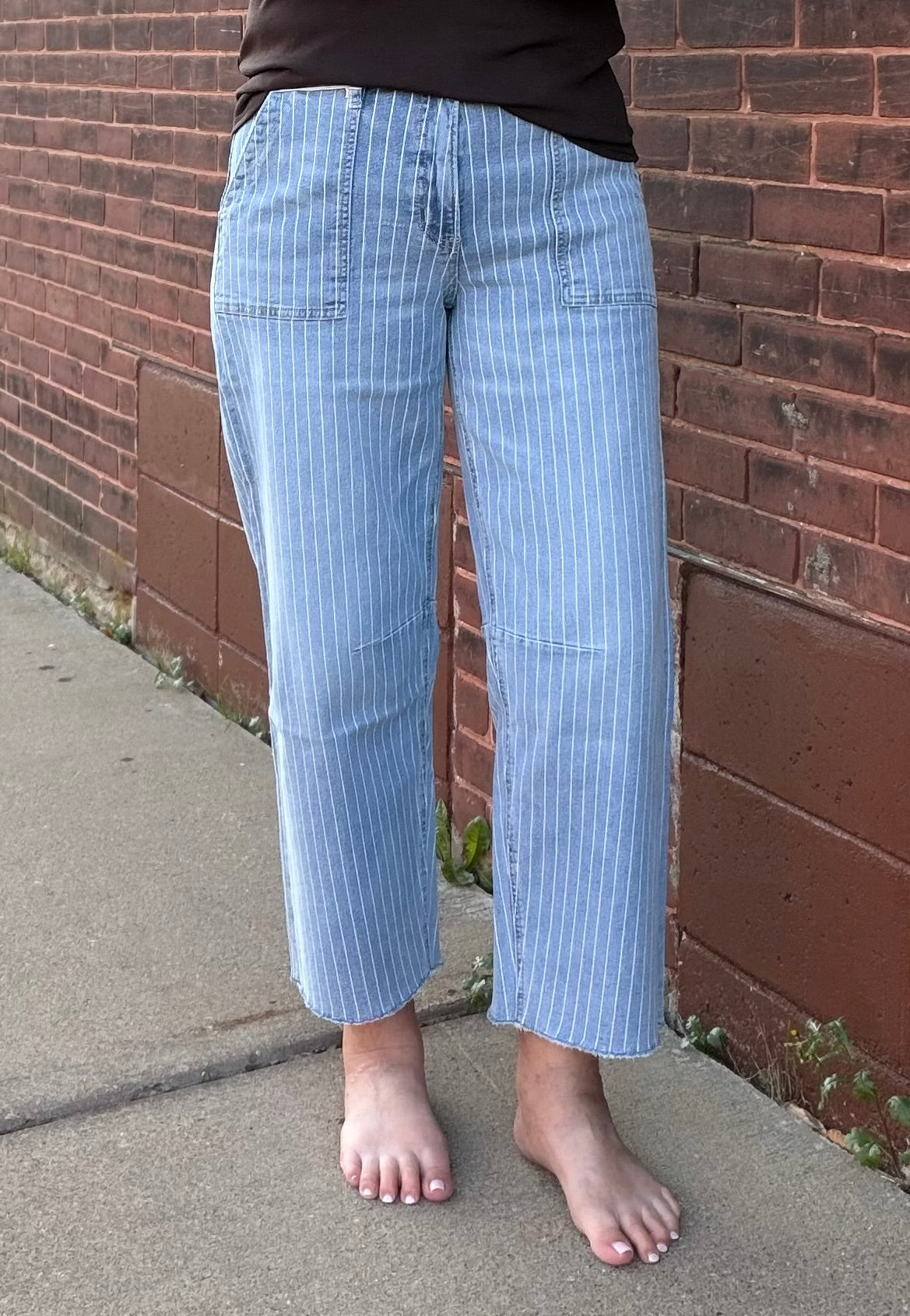 The Vintage Soul Striped High Rise Raw Hem Barrel Jeans by Vervet