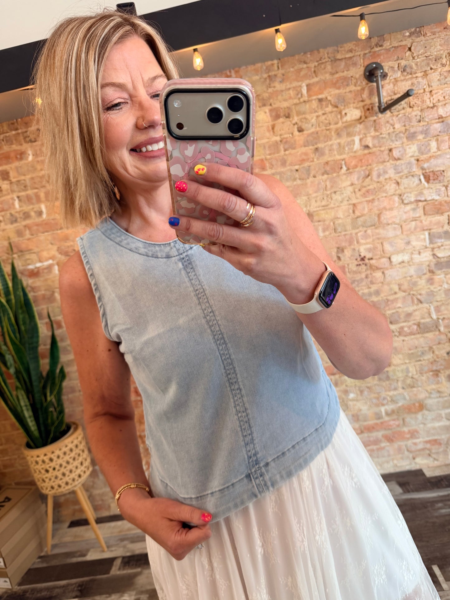 She's Gone Country Washed Denim Seam Detail Sleeveless Top