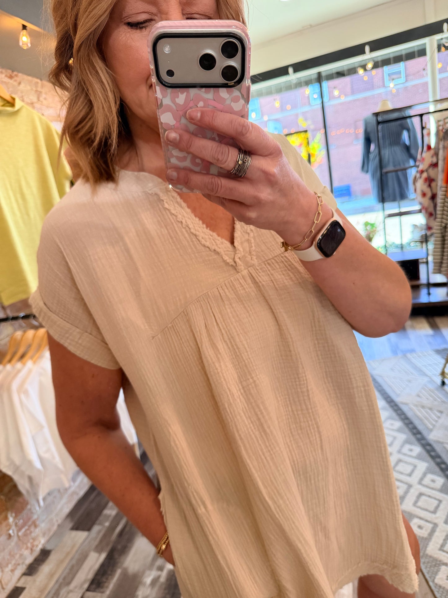 Washed Double Gauze Raw Edge V-neck Dress