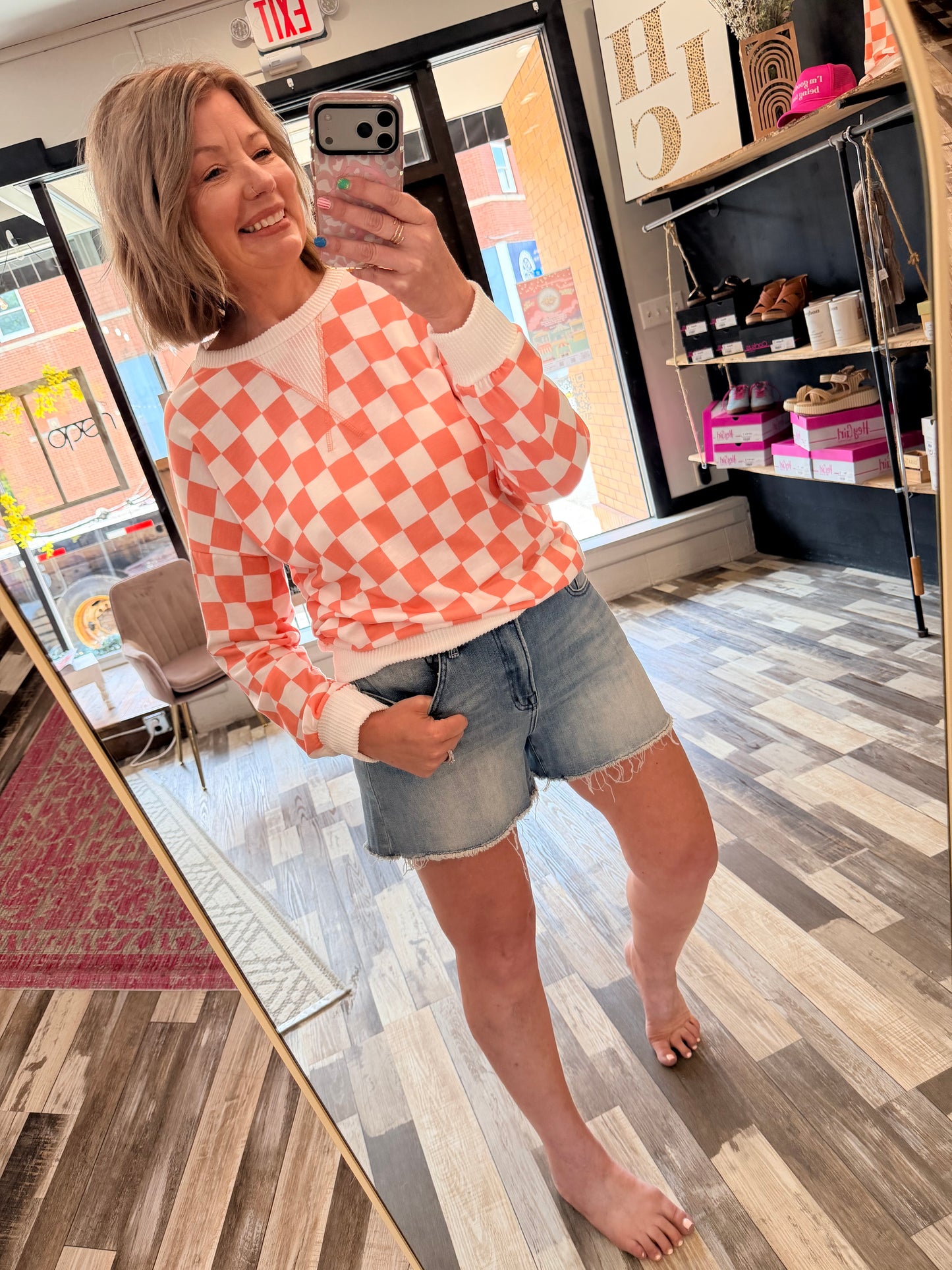 Checkered Print Dropped Shoulder Pullover Top