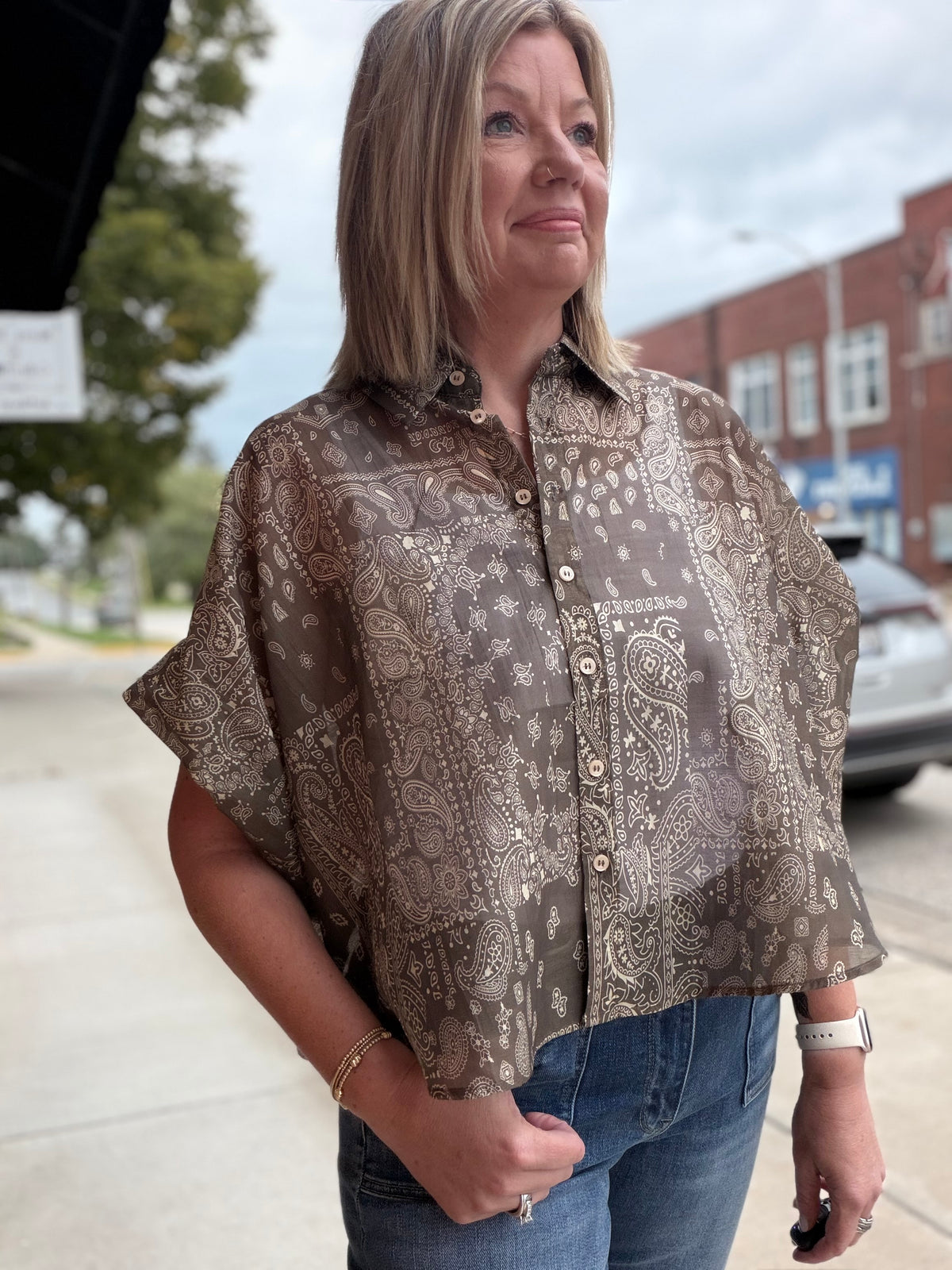 Sweet Meadow Paisley Print Button Down Dolman Top