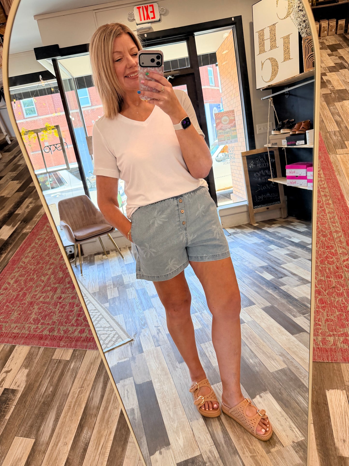 Palm Tree Pull On Denim Shorts With Pockets