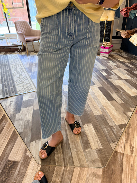 Vervet High Rise Striped Raw Hem Barrel Jeans
