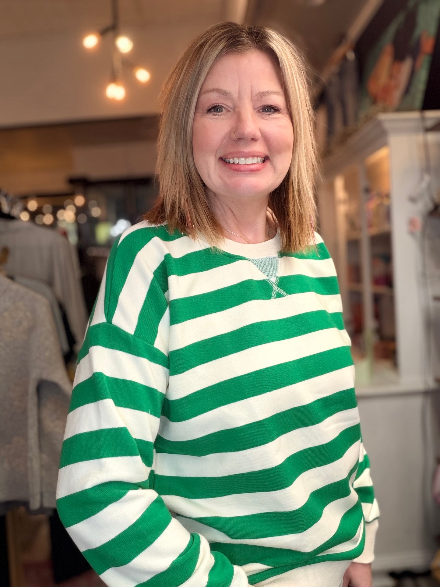 Oversized Green French Terry Striped Sweatshirt
