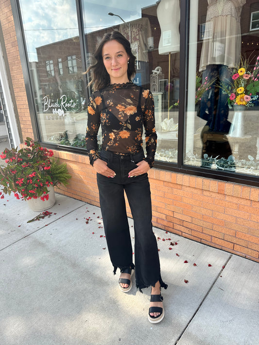 The Zandrea Floral Mesh Print Cabbage Hem Long Sleeve Top