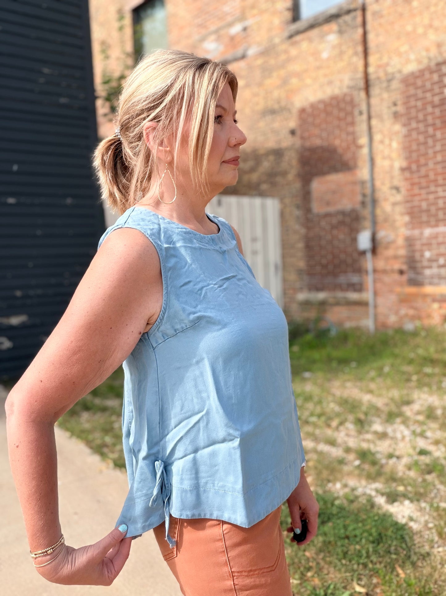 The Brit Washed Chambray Smocked Back Cut Out